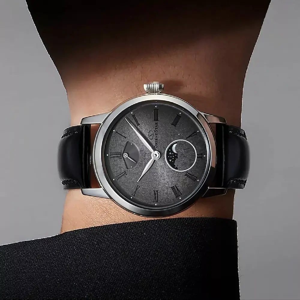 Orient Star M45 Classic Moon Phase Pleiades Hand-Wound RE-BW0005N00B Gray-Black Dial 39.5mm Leather Strap Men's Watch