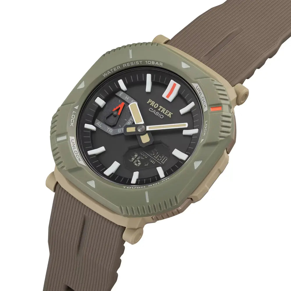 Casio ProTrek PRJ-B001B-5DR Analog-Digital Solar Bluetooth "Rotary Guard" Brown Dial Cloth Bungee Strap Men's Watch