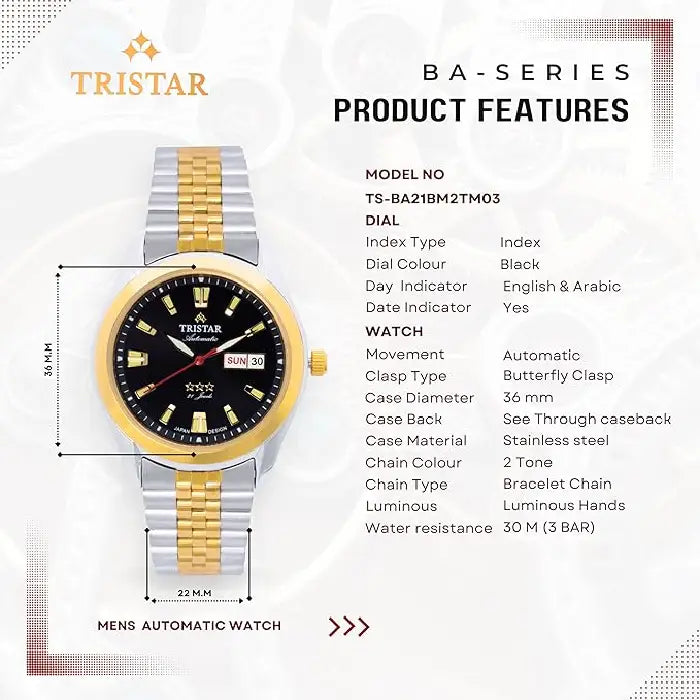 Tristar Automatic BA21BM2TM03 Black Dial Two-Tone Stainless Steel Men's Watch