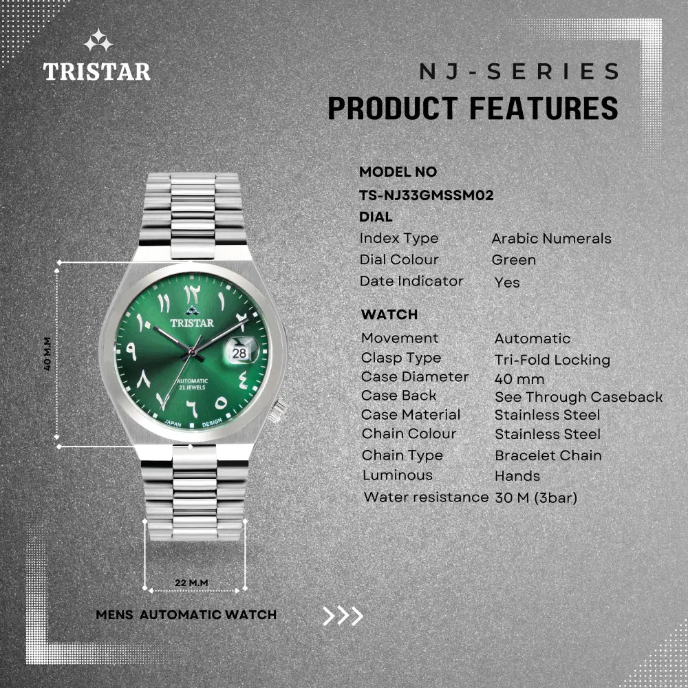 Tristar NJ33GMSSM02 Automatic Green Dial Arabic Dial Stainless Steel Men's Watch