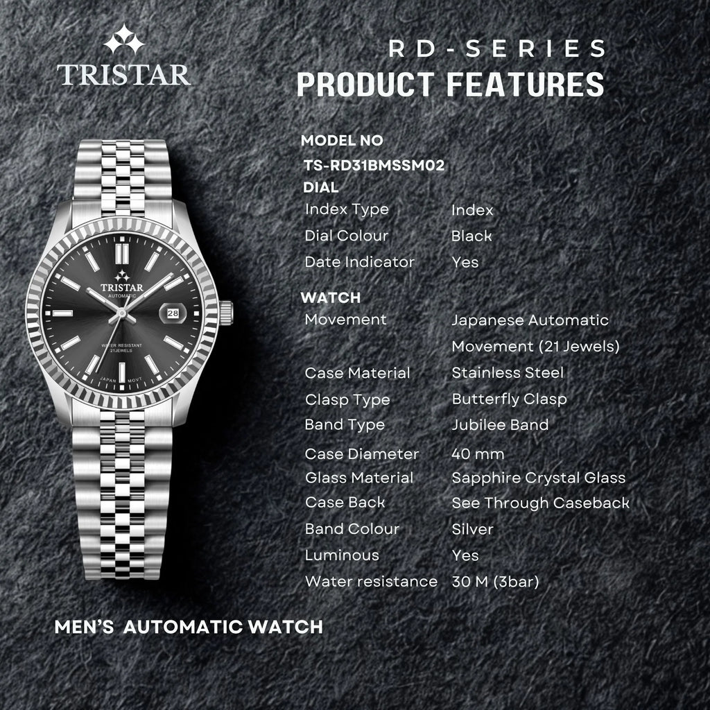 Tristar RD-Series Automatic Black Dial 40mm Stainless Steel Men's Watch - RD31BMSSM02