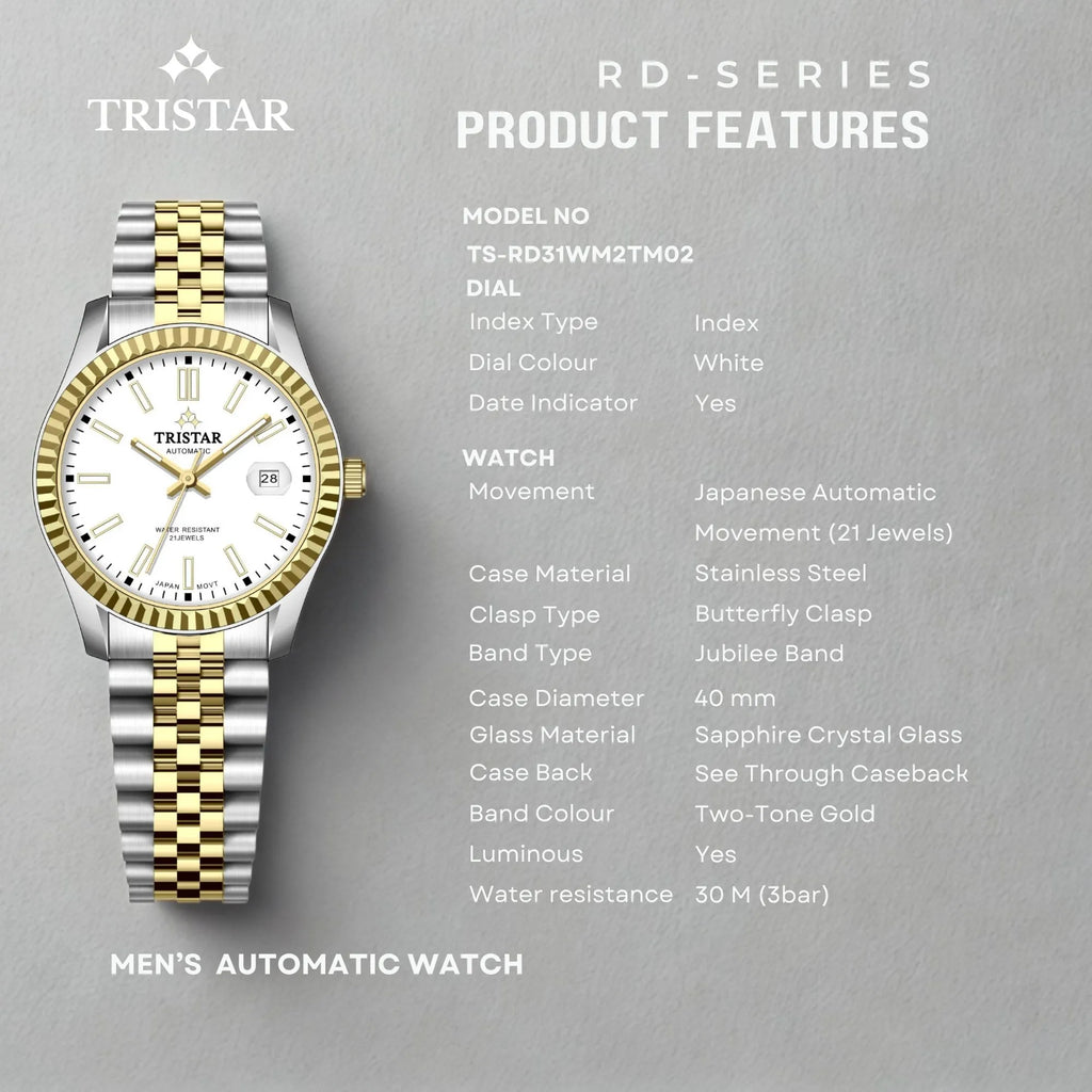 Tristar RD-Series Automatic White Dial 40mm Stainless Steel Men's Watch - RD31WM2TM02