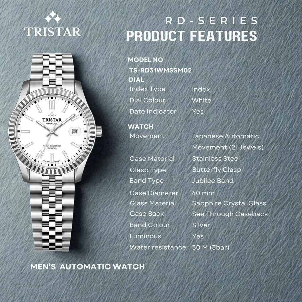 Tristar RD-Series Automatic White Dial 40mm Stainless Steel Men's Watch - RD31WMSSM02