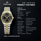 Tristar RD-Series Automatic Black Stone Dial 40mm Stainless Steel Men's Watch - RD41BM2TM02