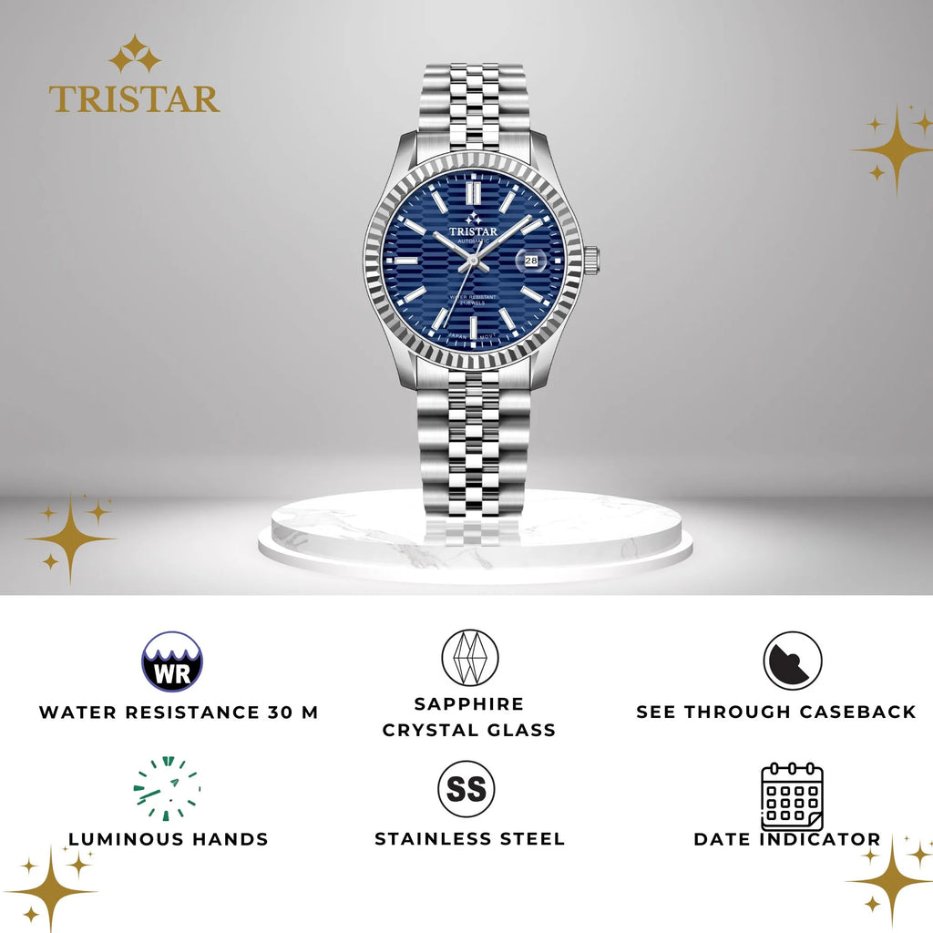 Tristar Automatic Fluted Motif Navy Blue Dial 40mm Stainless Steel Men's Watch -  RM31DMSSM02