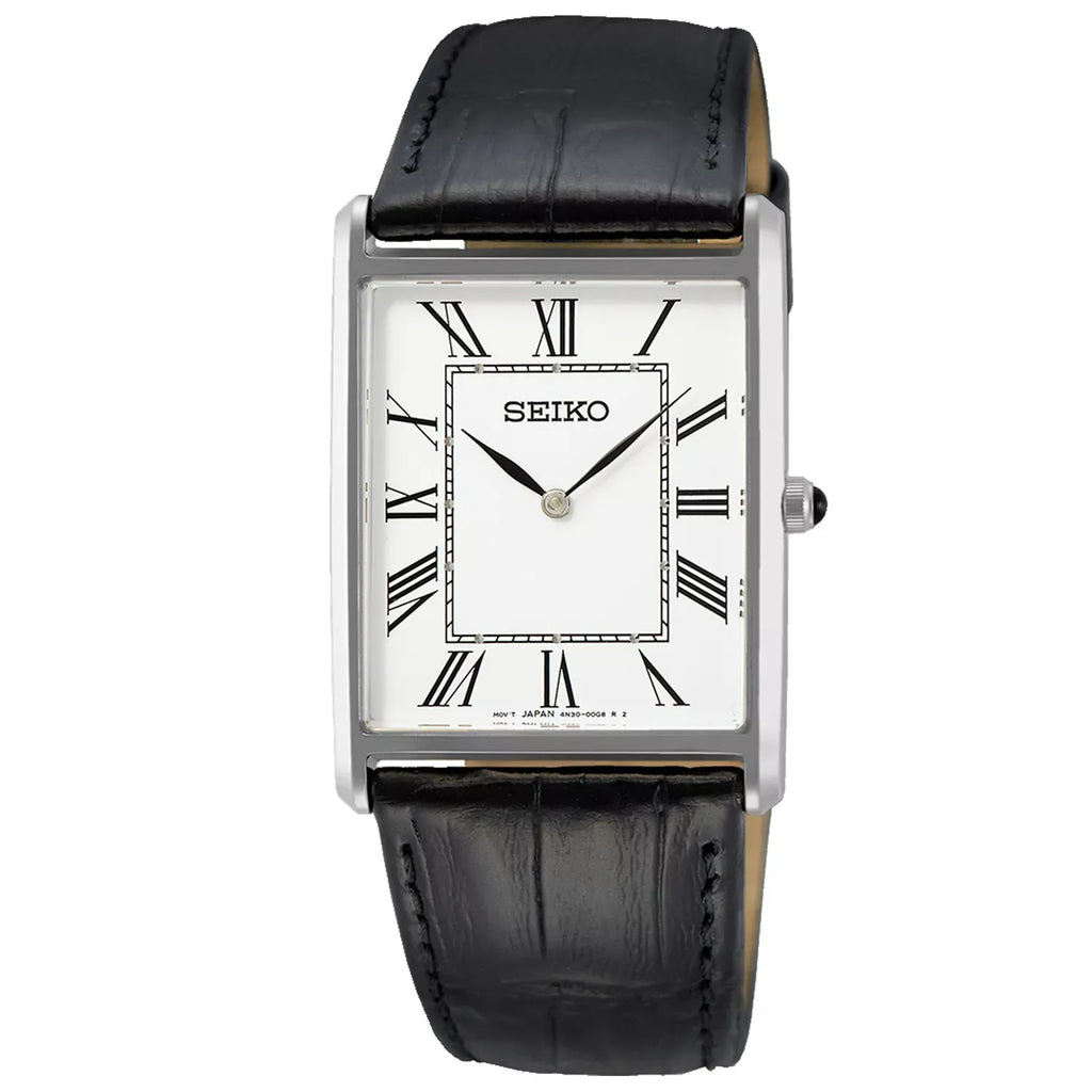 Seiko Essentials SWR049P1 (Seiko Tank) White Dial 28.4mm Leather Strap Men's Watch